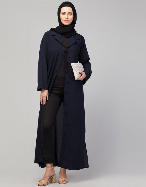 Modest Abaya with open front and coat-style collar In the Color Navy Blue